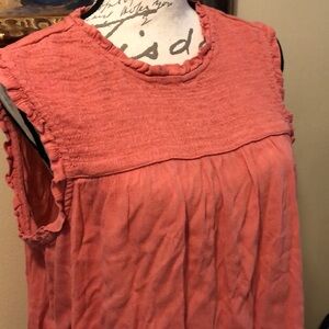 Caslon Coral sleeveless ruffle trim tucking & back button detail crinkly top